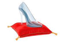 Cinderella Crystal High Heel, Glass Slipper On The Red Velvet Pillow, 3D Rendering