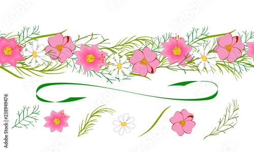 Seamless Vector Flower Brush And Its Elements On White Background