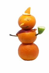 Happy Merry Christmas snowman made from tangerines isolated on white background.