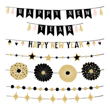 Set Of Birthday Or New Year Decorative Borders, Strings Or Garlands. Party Decoration With Stars, Bunting Flags And Paper Rosettes . Black And Gold Isolated Vector Objects.