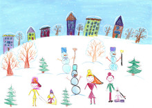Watercolor Children Drawing Winter Sleigh Ride
