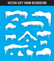 Wall Mural - Snow caps, snowballs and snowdrifts set. Snow cap vector collection. Winter decoration element. Snowy elements on winter background. Cartoon template. Snowfall and snowflakes in motion. Illustration.