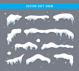 Wall Mural - Snow caps, snowballs and snowdrifts set. Snow cap vector collection. Winter decoration element. Snowy elements on winter background. Cartoon template. Snowfall and snowflakes in motion. Illustration.