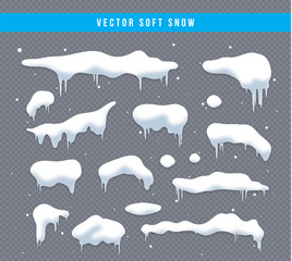 Wall Mural - Snow caps, snowballs and snowdrifts set. Snow cap vector collection. Winter decoration element. Snowy elements on winter background. Cartoon template. Snowfall and snowflakes in motion. Illustration.