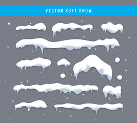 Wall Mural - Snow caps, snowballs and snowdrifts set. Snow cap vector collection. Winter decoration element. Snowy elements on winter background. Cartoon template. Snowfall and snowflakes in motion. Illustration.