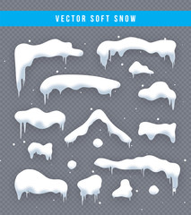 Wall Mural - Snow caps, snowballs and snowdrifts set. Snow cap vector collection. Winter decoration element. Snowy elements on winter background. Cartoon template. Snowfall and snowflakes in motion. Illustration.