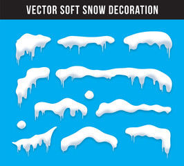 Wall Mural - Snow caps, snowballs and snowdrifts set. Snow cap vector collection. Winter decoration element. Snowy elements on winter background. Cartoon template. Snowfall and snowflakes in motion. Illustration.