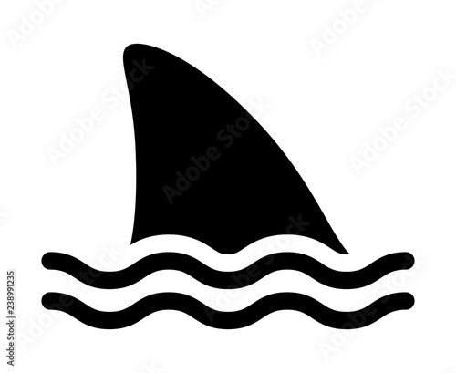 Fotomural Shark attack warning sign with shark dorsal fin swimming in water flat vector ic