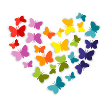 Heart From Bright Colorful Paper Butterfly. The Butterflies Cut Out Of Paper Are Folded In The Shape Of A Heart. Paper Cut Style. Vector Illustration Isolated On White Background.