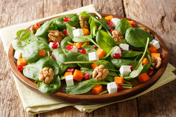 Vegetarian salad of pumpkin, spinach, goat cheese, nuts and pomegranate closeup on a plate. horizontal