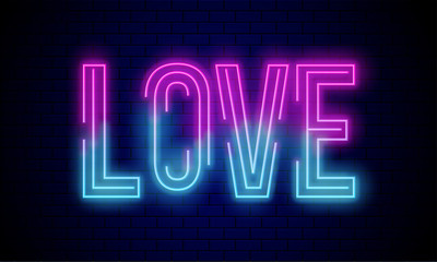 Poster - Glowing text Love on blue brick wall.