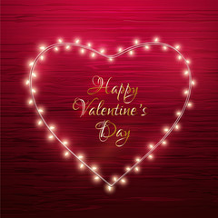 Poster - Decorative lights arranged in shape of heart on red background. Happy Valentine's Day concept.