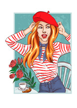 Beautiful Young Woman With Long Red Hair In Fashionable Clothes. Fashion Girl In Red Beret And Striped Jumper. Girl Sitting At A Table. Hand Drawn Sketch. Vector Illustration.