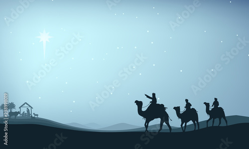 Fotomural Christian Christmas Nativity Scene of baby Jesus in the manger with Mary and Jos