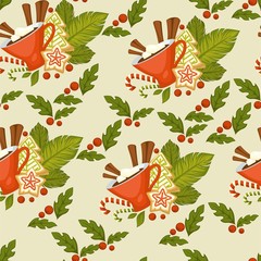 Wall Mural - Merry Christmas symbolic food and plant seamless pattern vector