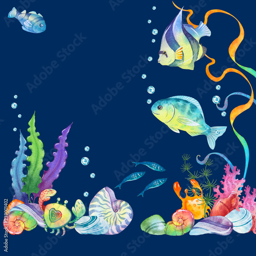 Painted Watercolor Illustration Of A Coral Reef Underwater Sea Fish Aquarium Stock Illustration Adobe Stock
