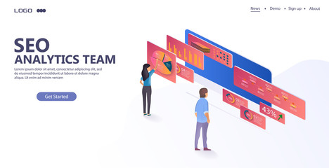 Leinwandbilder - Data analysis people and interact with graphs. Landing page template. 3d isometric vector illustration.