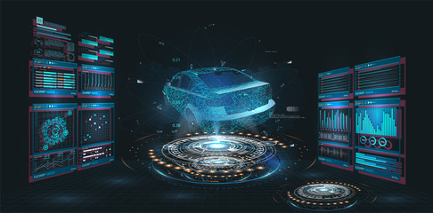 Aufkleber - Car service in the style of HUD, Cars infographic ui, analysis and diagnostics in the hud style, futuristic user interface, repairs cars, Car auto service, mechanisms cars, car service HUD. dashboard