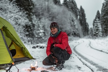 Winter camping in the snow