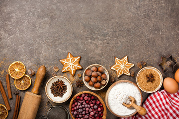 Christmas background. Table for holiday baking cookies with ingredients