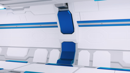 Wall Mural - white corridor of a spaceship with blue decor. sci-fi spacecraft 3d illustartions.