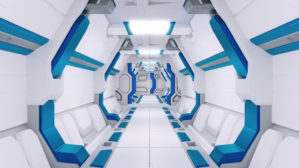 Wall Mural - white corridor of a spaceship with blue decor. sci-fi spacecraft 3d illustartions.
