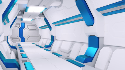 Wall Mural - white corridor of a spaceship with blue decor. sci-fi spacecraft 3d illustartions.