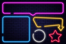 Set Of Neon Signs, Arrow, Rectangle, Square, Circle And Star. Neon Light Frame, Glowing Bulb Banner