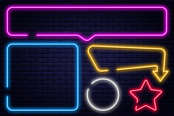 Fototapete - Set of neon signs, arrow, rectangle, square, circle and star. Neon light frame, glowing bulb banner