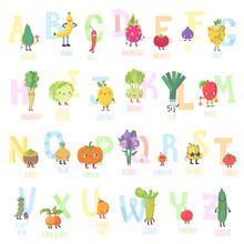Cute Cartoon Live Fruits And Vegetables Vector Alphabet. Part Two.