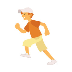 Vector illustration of young smiling boy in casual clothing running forward in flat style isolated on white background - side view of hurrying male character moving fast.