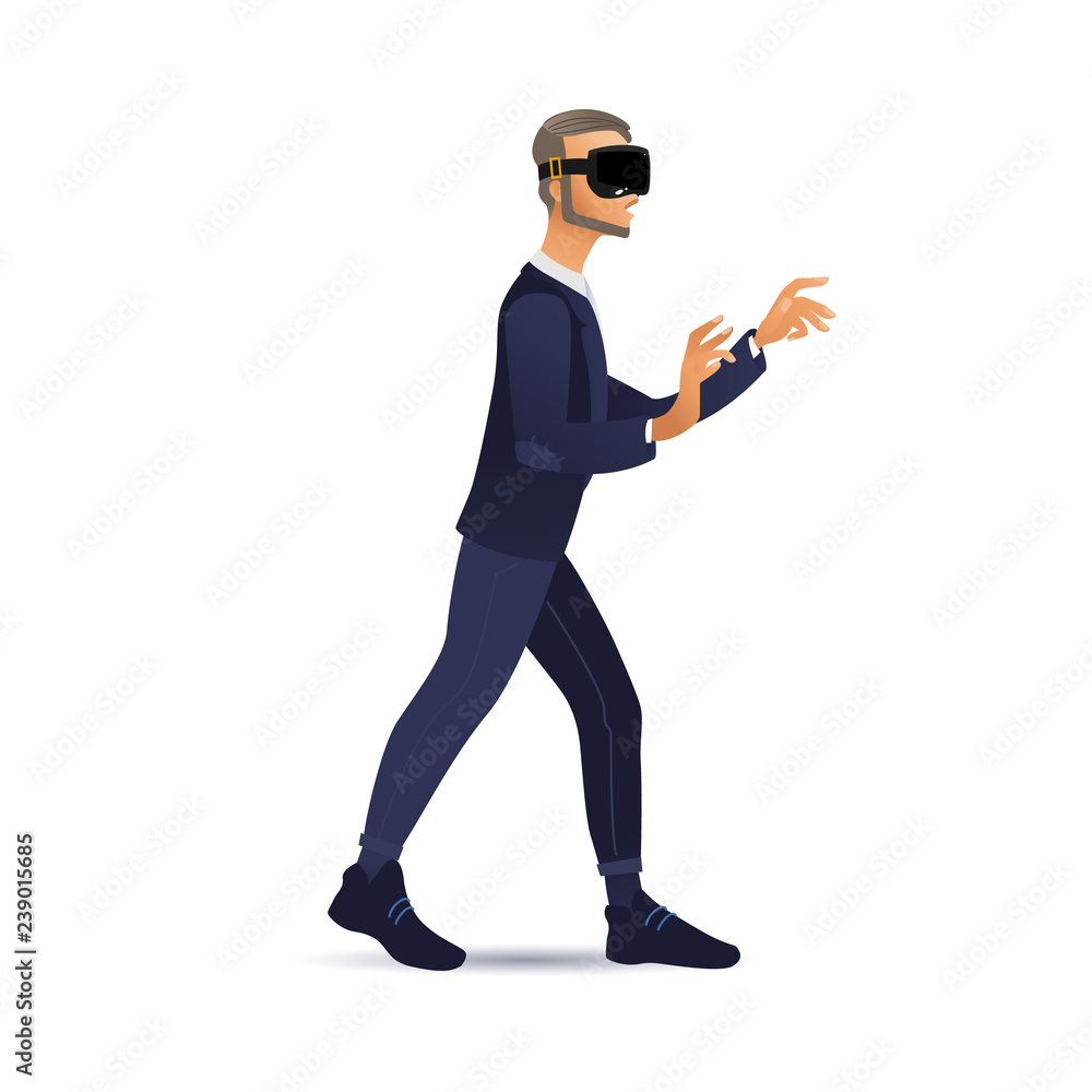 Man wearing virtual reality headset walking and touching vr interface ...