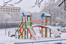 Playground, Swings, Covered With Snow, Winter, Snowfall