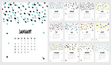 Handwritten Vector Calendar. 2019 Year. Monthly English Calendar. Colorful Simple Infantile Design. Childish Style Graphic. Brushed Dots, Stripes, Arcs And Crosses. Bright Multicolor Abstract Art.