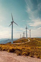 Wind turbines on beautiful sunny summer autumn mountain landsape. Curvy road through mountain Eolic park. Green ecological power energy generation. Wind farm eco field