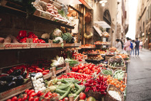 Beautiful Fresh Vegetables Are Sold In The Street Market On The Narrow Streets Of The European Town. Fresh Vegetables Are Sold On The Streets Of Florence, Italy
