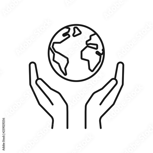 isolated black outline icon of planet earth in hands on white background line icon of globe and hands symbol of care protection save planet buy this stock vector and explore similar isolated black outline icon of planet