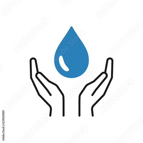 Isolated Icon Of Blue Water Drop In Black Line Hands On White Background Silhouette Of Aqua Drop And Hands Symbol Of Care Charity Save Water Flat Design Buy This Stock Vector