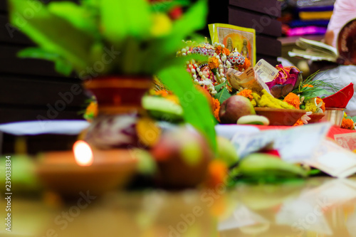 Selective Focus Diwali Puja Or Laxmi Puja Set Up At Home Oil