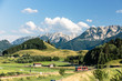 Regionalzug bei Kappel, Allgäu, Bayern Deutschland. Im Hintergrund die Allgäuer Alpen mit Große Schlicke,Tirol, Österreich.