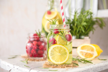 Wall Mural - Cold Fruit Infused Detox Water  with lemon, cucumber, raspberry and rosemary