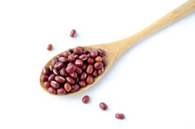 Red Adzuki Beans In A Wooden Spoon On White Background