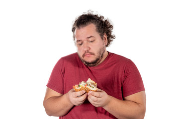 Sad fat man eating burger. Fast food, unhealty eat. Overweight and health problems