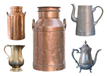 Set Of Five Vintage Containers. Brass Milk Cans, Aluminum And Metal Kettles And A Copper Jug