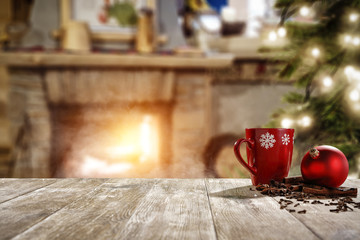 Table background and christmas mug on desk 