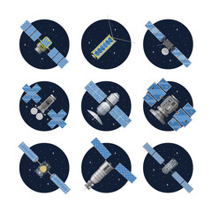  Vector flat isolated communication and reconnaissance satellite icon in round space background with GPS radar, solar panel and dish.