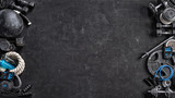 Sports equipment on a black background. Top view. Motivation