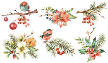 Watercolor Set Of Vintage Floral New Year Decoration With Poinsettia, Pine Branches, Holly, Christmas Balls, Birds