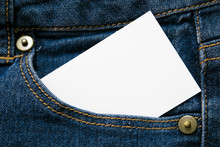 Blank White Paper Or Card In Front Pocket Of Blue Jeans With Copyspace For Sale Text Or Business Concept
