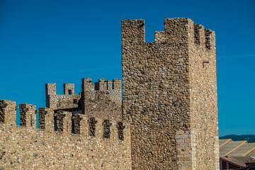 The medieval walls and towers of Montblanc, the capital of the Catalan comarca Conca de Barbera, in the province of Tarragona. Located near the Prades Mountains